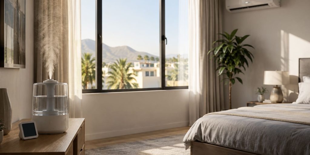 alt="Humidificateur dans une pièce climatisée avec contrôle de l’humidité"