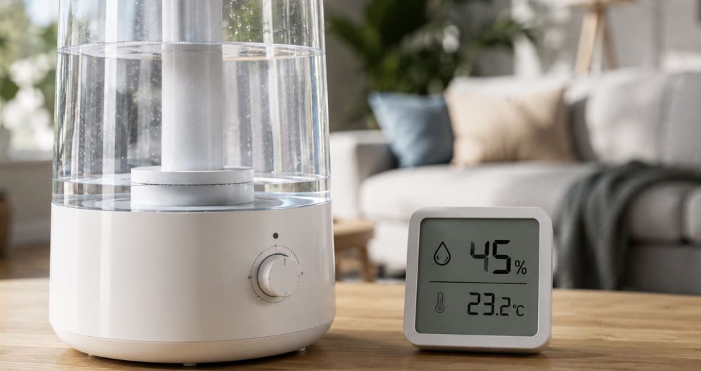 alt="Hygromètre numérique pour contrôler le taux d’humidité avec un humidificateur"