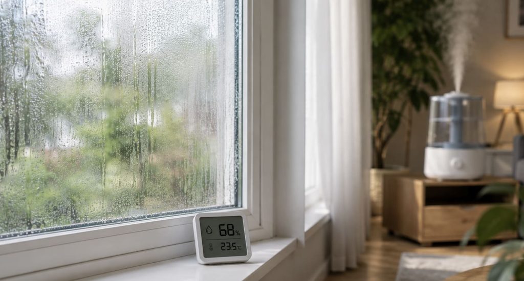 alt="Condensation sur une fenêtre liée à une humidité intérieure excessive"