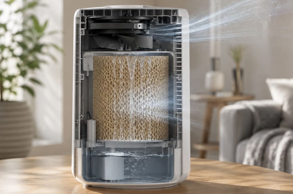 Fonctionnement d’un humidificateur évaporatif avec filtre et ventilateur
