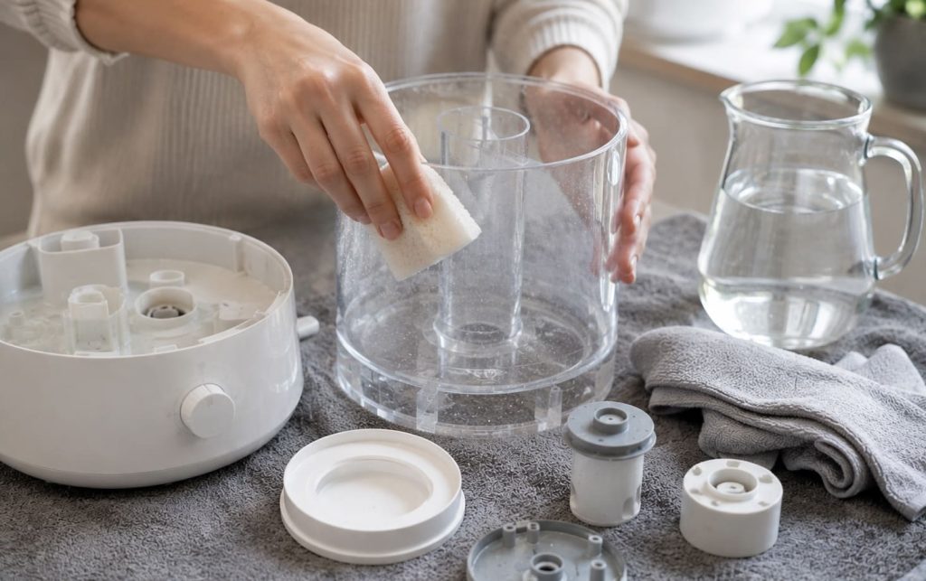 Fonctionnement d’un humidificateur évaporatif avec filtre et ventilateur