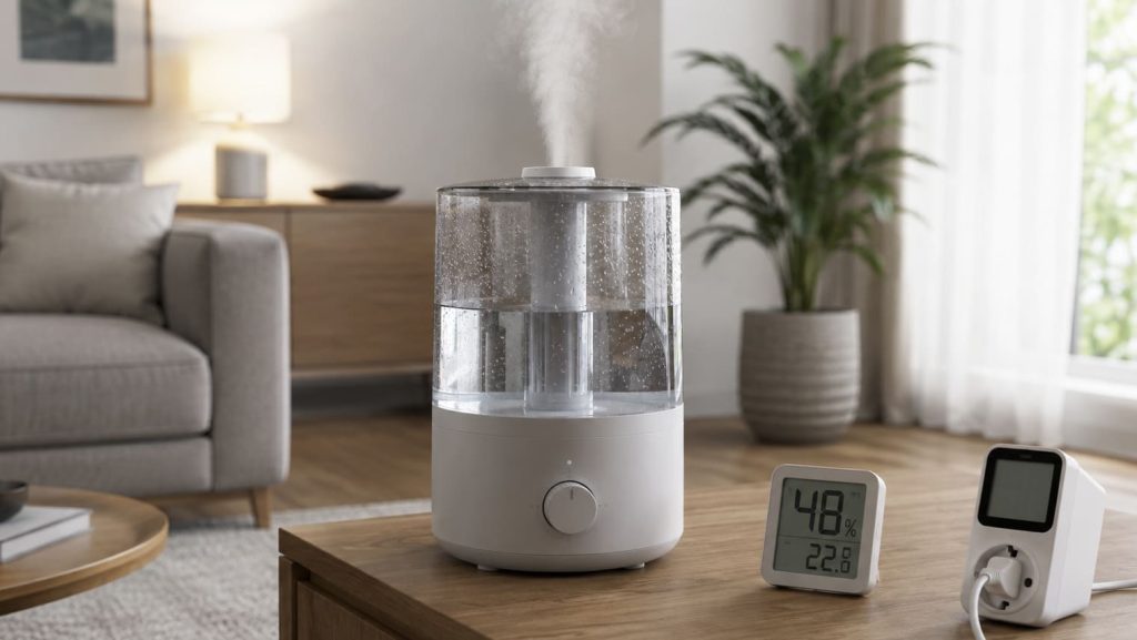 Humidificateur domestique en fonctionnement avec brume visible et mesure de l’humidité dans une pièce