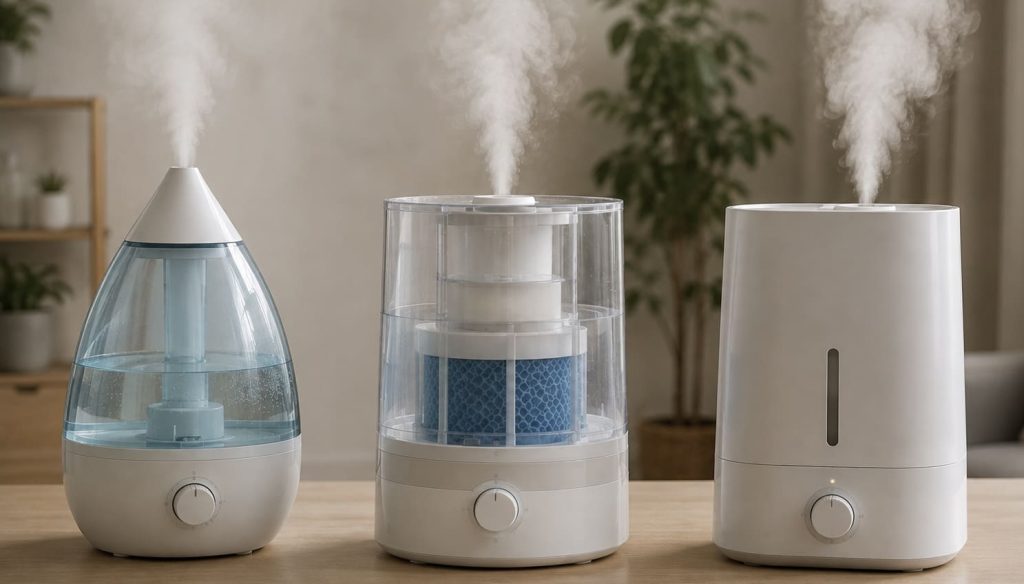 Comparaison visuelle des humidificateurs ultrasonique, évaporatif et à vapeur chaude