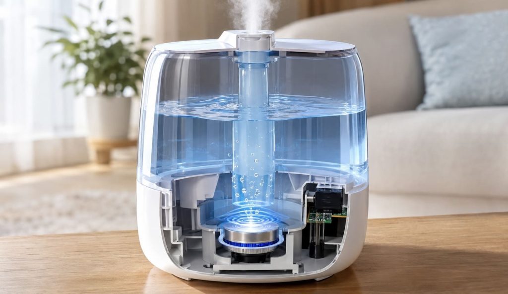 Fonctionnement interne d’un humidificateur ultrasonique avec membrane vibrante produisant une fine brume