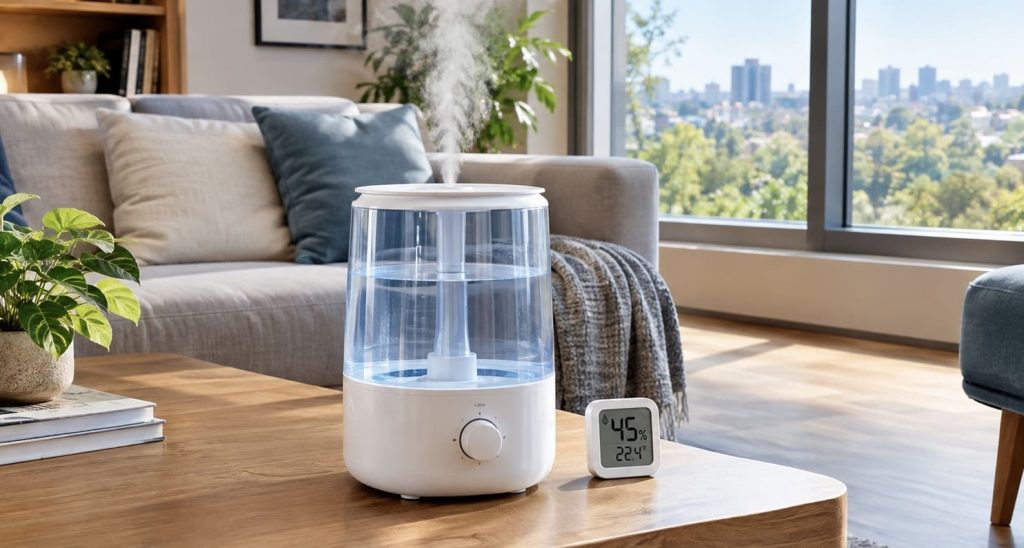 Humidificateur utilisé avec un hygromètre pour maintenir une humidité intérieure maîtrisée