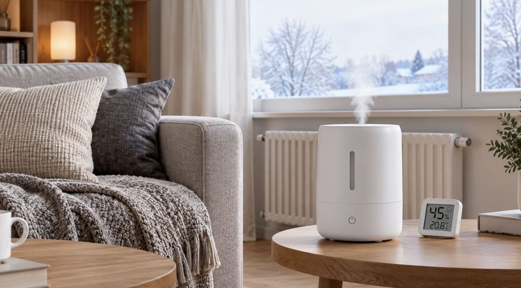 À quoi sert un humidificateur : un appareil posé près d'un hygromètre dans un salon en hiver