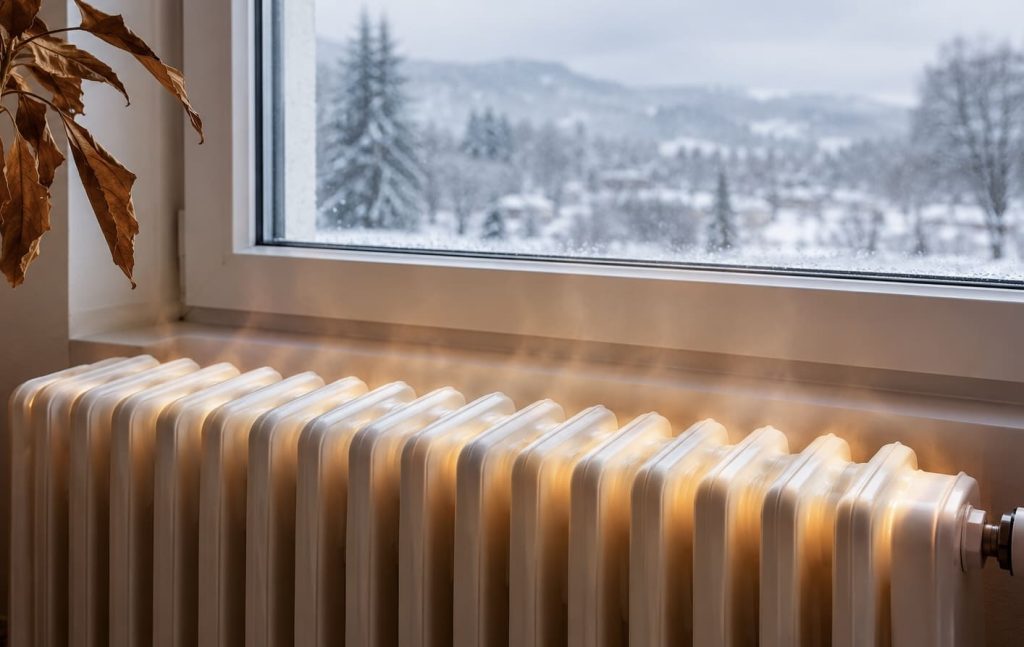 Radiateur allumé près d'une fenêtre froide : le chauffage assèche l'air intérieur en hiver