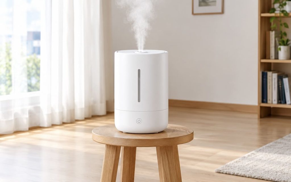 Humidificateur posé sur un tabouret au centre d'une pièce, loin des murs et des rideaux