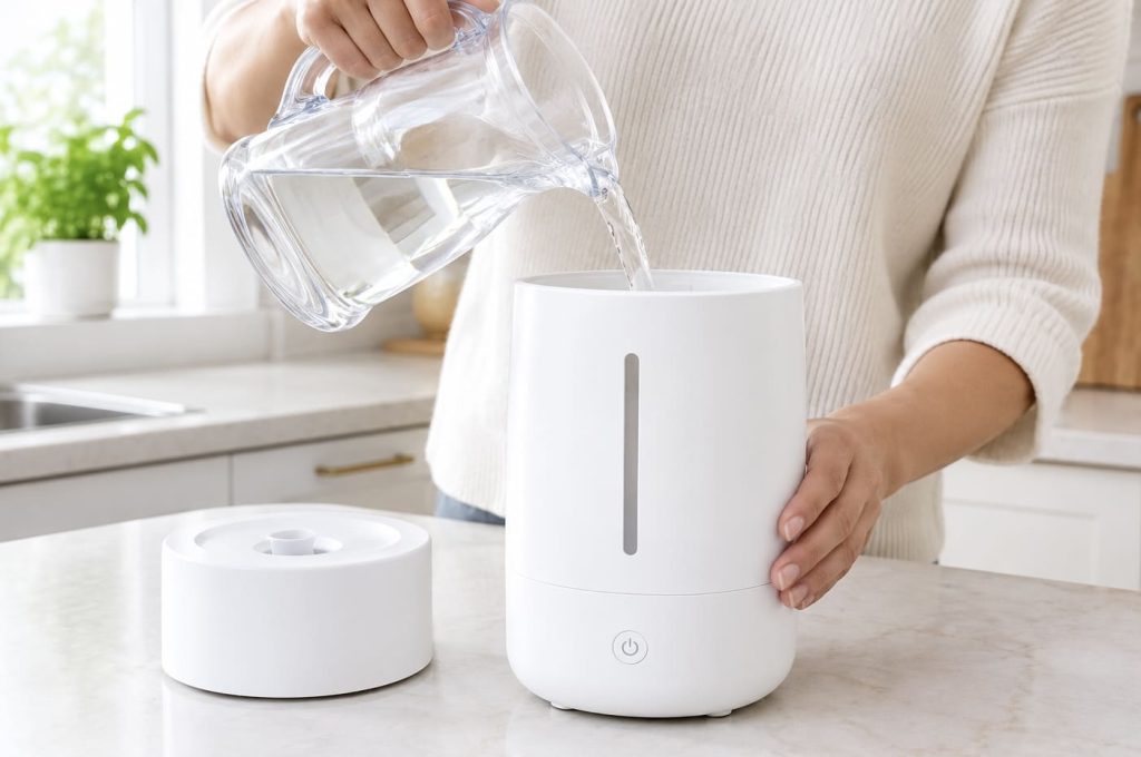 Remplissage du réservoir d'un humidificateur avec de l'eau distillée