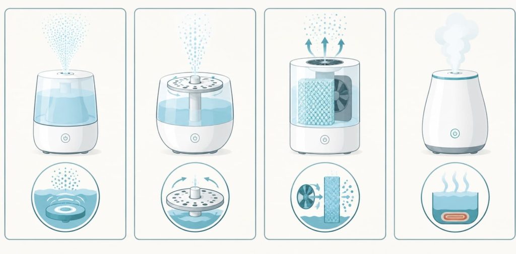 Schéma des quatre types d'humidificateurs : ultrasons, rotor, évaporatif et vapeur chaude