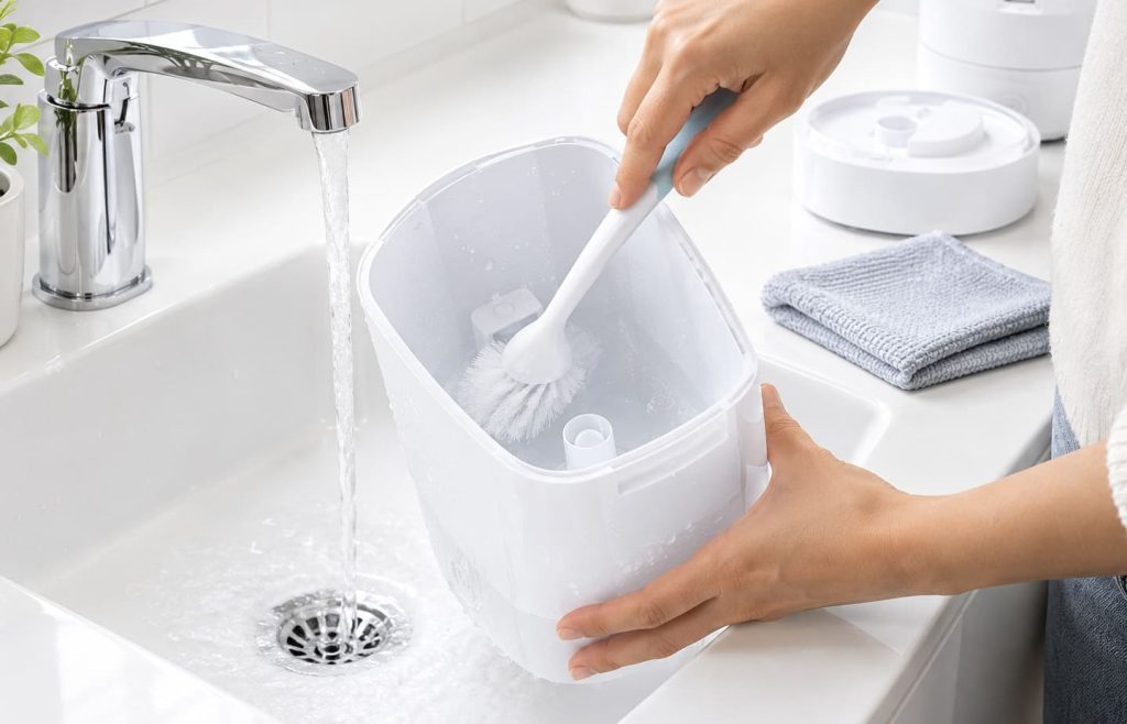 Nettoyage du réservoir d'un humidificateur avec une brosse souple et rinçage à l'eau claire