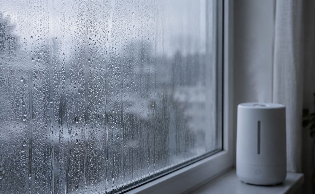 Buée et gouttes d'eau sur une vitre : signe d'une humidité trop élevée dans la pièce